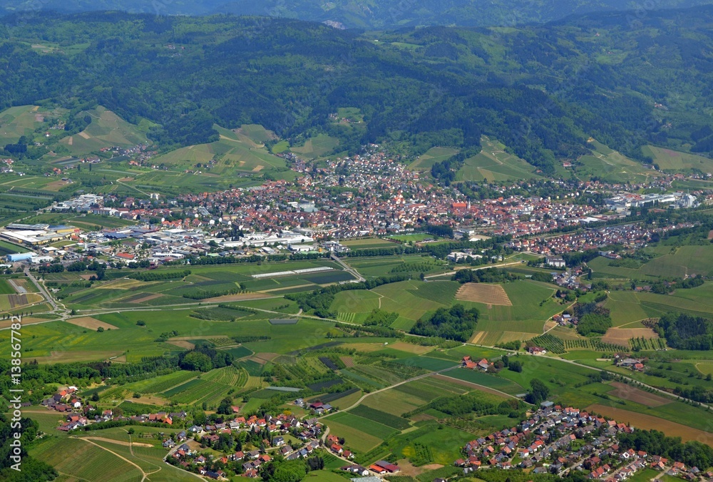 aerial view across farmland towards the Black Forest,  near Oberkirch in the Renchtal region of Baden Germany