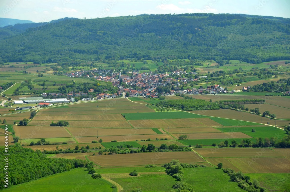 aerial view across farmland towards the Black Forest,  near Oberschopfheim in the Ortenau region of Baden Germany