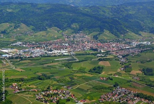 aerial view across farmland towards the Black Forest,  near Oberkirch in the Renchtal region of Baden Germany