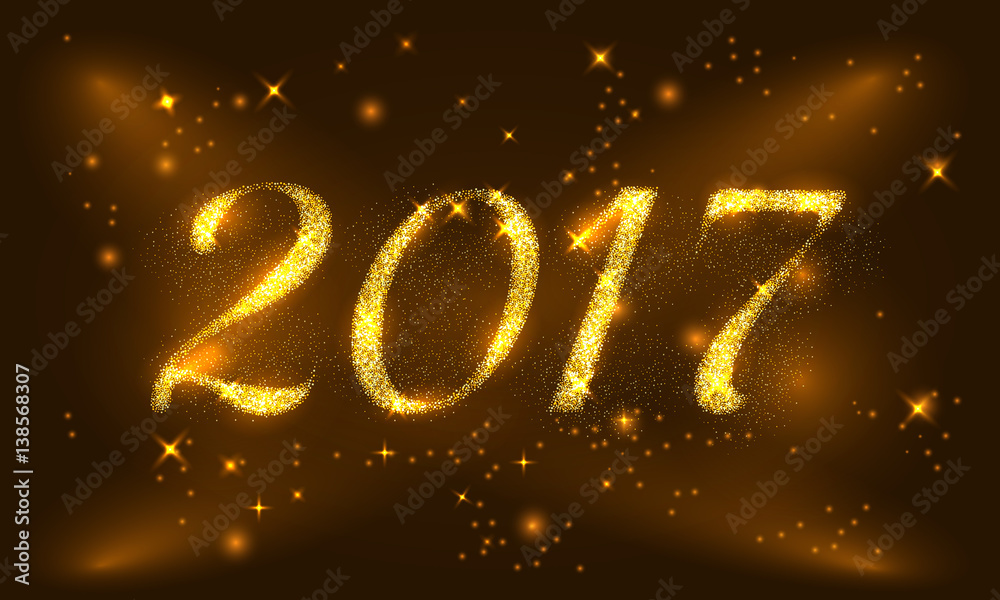Happy New Year 2017 Golden Greeting Card with glitter gold letters. Holiday design. Vector illustration. Party poster, greeting card, banner or invitation. Number 2017 formed by glowing gold dust Happy New Year 2017 Golden Greeting Card with glitter gold letters. Holiday design. Vector illustration. Party poster, greeting card, banner or invitation. Number 2017 formed by glowing gold dust