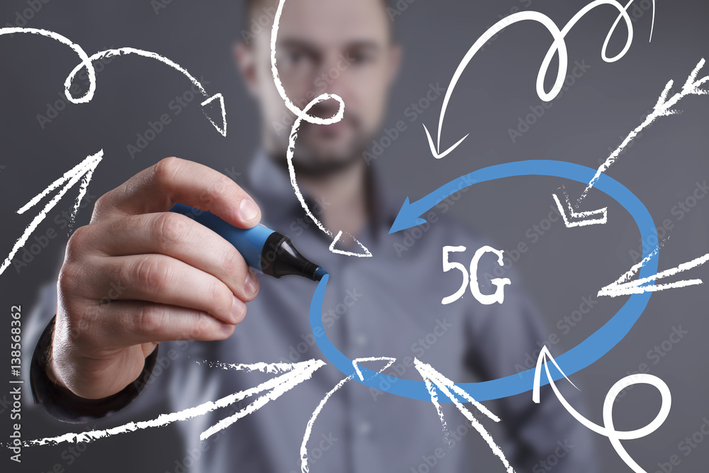Fototapeta premium Technology, internet, business and marketing. Young business man writing word: 5G