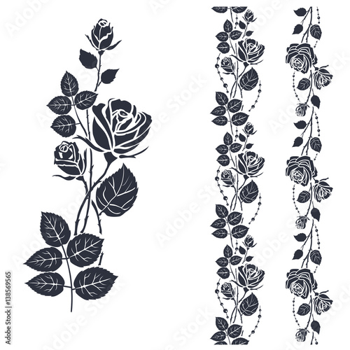 Rose tattoo. Silhouette of roses and leaves on a white background.