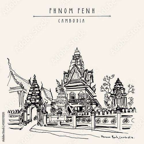 Wat Ounalom  main Cambodian Buddhist temple  Phnom Penh. Artistic travel postcard