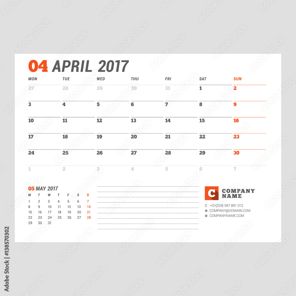 Calendar Template for April 2017. Week Starts Monday. Design Print Template. Vector Illustration Isolated Calendar Template for April 2017. Week Starts Monday. Design Print Template. Vector Illustration Isolated