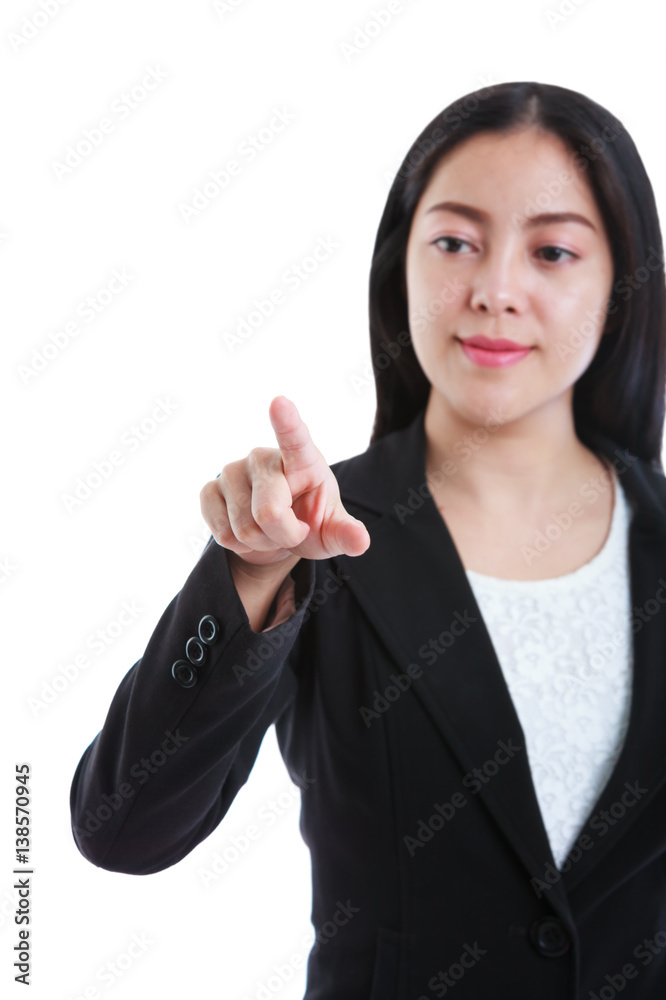 Pretty woman touching at something, presenting on white background. Pretty woman touching at something, presenting on white background.
