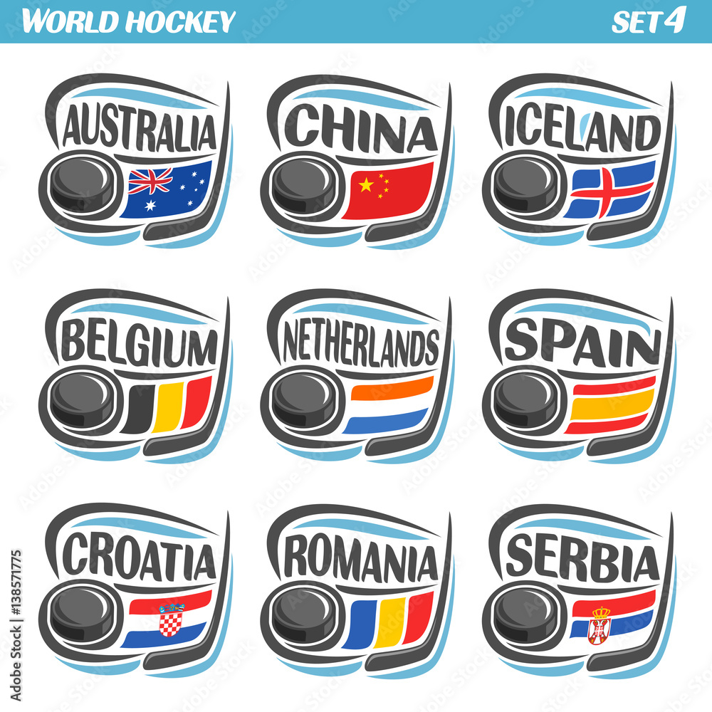 Vector set Flags of European Countries with Ice Hockey Puck: Logo national ice hockey Teams, Sport group countries of Europe, icons european flag, IIHF world team with puck, logo sport flags of europe Vector set Flags of European Countries with Ice Hockey Puck: Logo national ice hockey Teams, Sport group countries of Europe, icons european flag, IIHF world team with puck, logo sport flags of europe