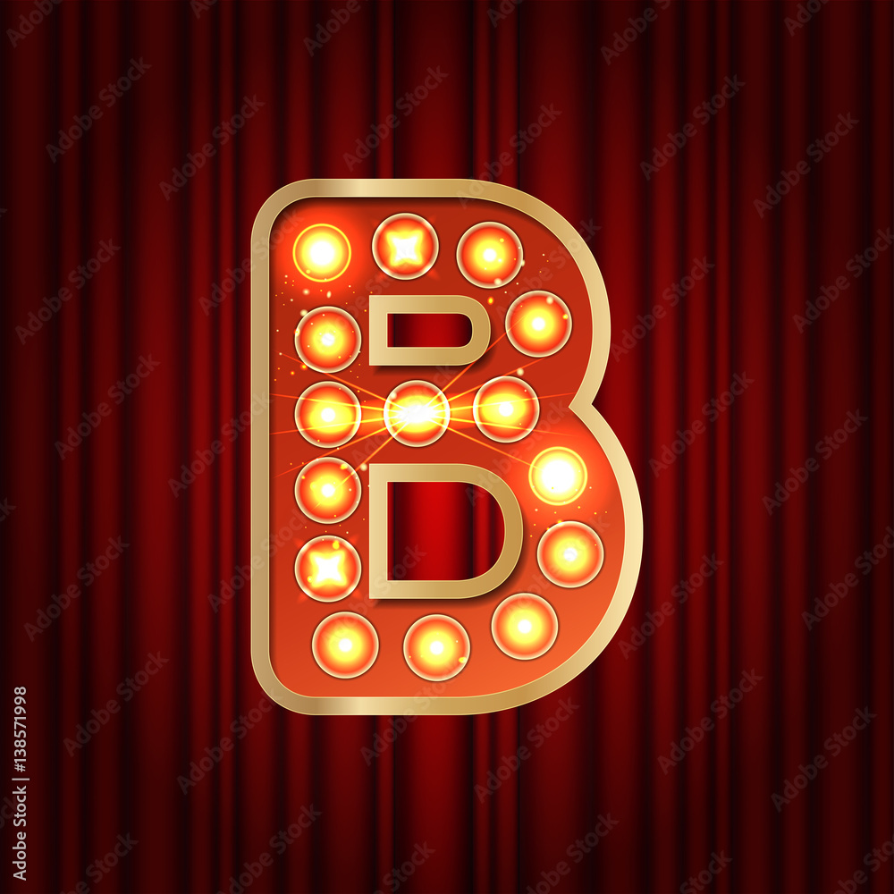 Realistic retro gold lamp bulb font letter B. Part of alphabet in vintage  casino and slots