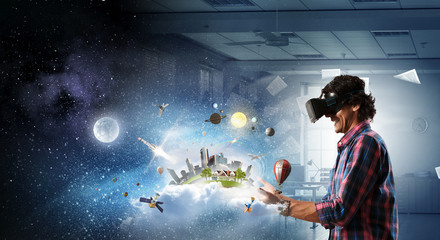 Man in virtual helmet    . Mixed media