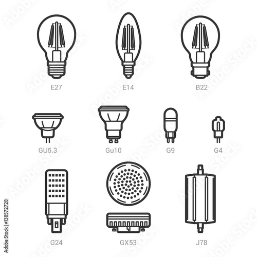 LED light lamp bulbs vector outline icon set on white background photo