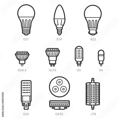 LED light lamp bulbs vector outline icon set on white background photo