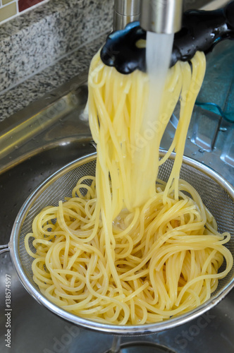 Spaghetti cooking in hot water