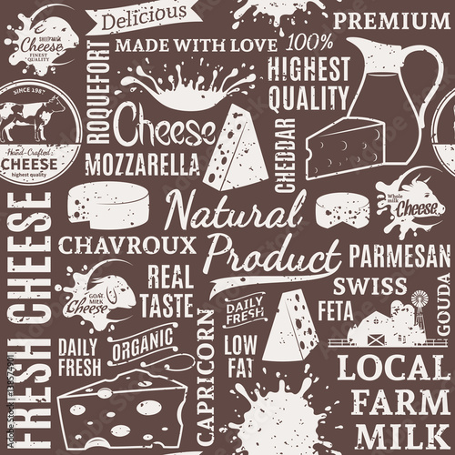 Retro styled typographic vector cheese seamless pattern or background