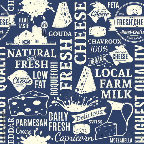 Retro styled typographic vector cheese seamless pattern or background