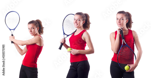 Woman playing tennis on white