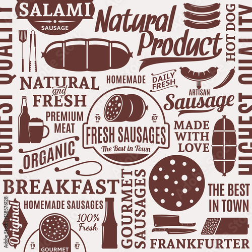 Typographic vector sausages seamless pattern or background