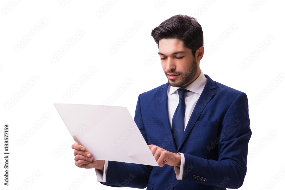Businessman working on tablet isolated on the white background
