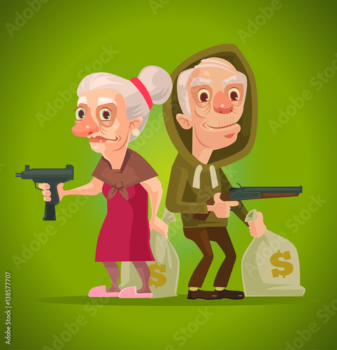 Bonnie and Clyde. Grandma and grandpa characters thieves. Vector flat cartoon illustration