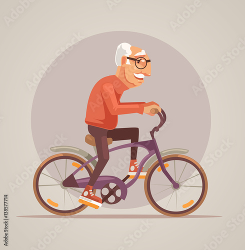 Grandfather character ride bike. Vector flat cartoon illustration