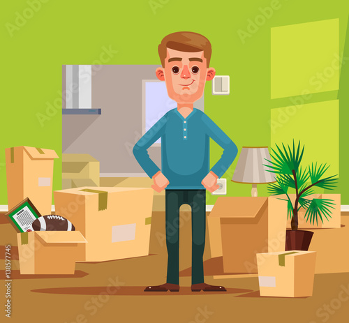 Man character moving to new house. Vector flat cartoon illustration