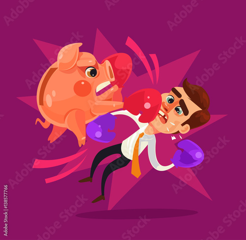 Piggy bank character hit businessman. Vector flat cartoon illustration