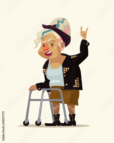 Rock style grandma character. Vector flat cartoon illustration