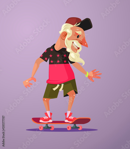Grandfather character ride skater. Vector flat cartoon illustration