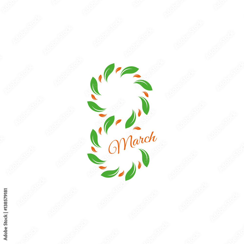 Isolated green color number eight of leaves and petals with pink word march icon, international women day greeting card element vector illustration.