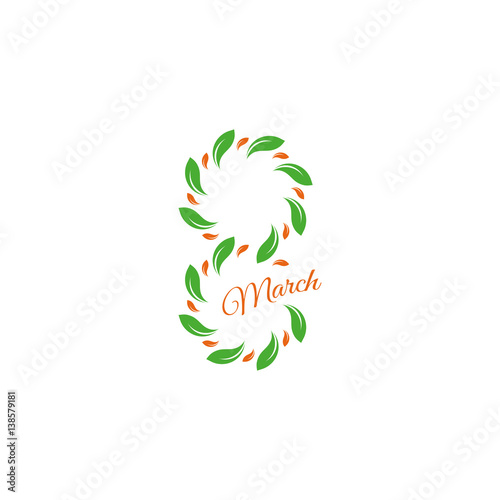 Isolated green color number eight of leaves and petals with pink word march icon  international women day greeting card element vector illustration.