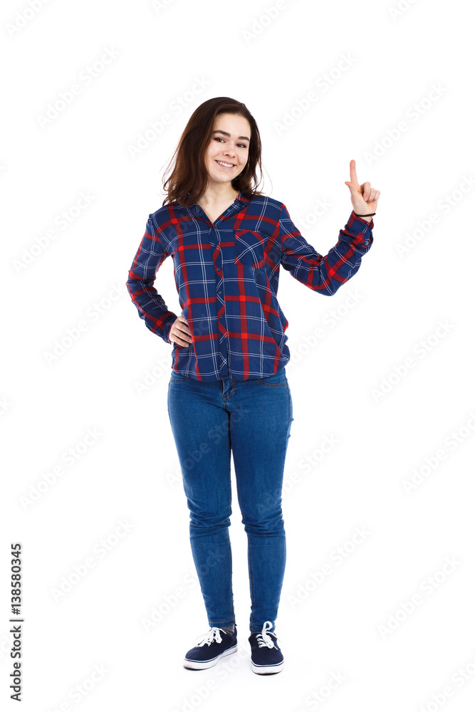 Woman pointing on white background Woman pointing on white background