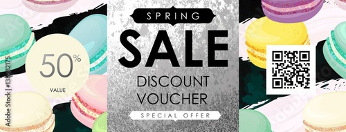 Gift certificate, Voucher, Coupon template with macaroons colorful pattern. Trendy confectionery texture with classic french almond cookies on art stroke stripes, marble background.