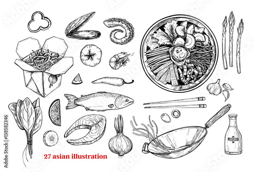 Hand drawn vector illustrations - Wok. Wok box, wok pan, bibimbap, chinese noodles, tomato, pepper, shrimp, soy sauce etc. Asian fast food