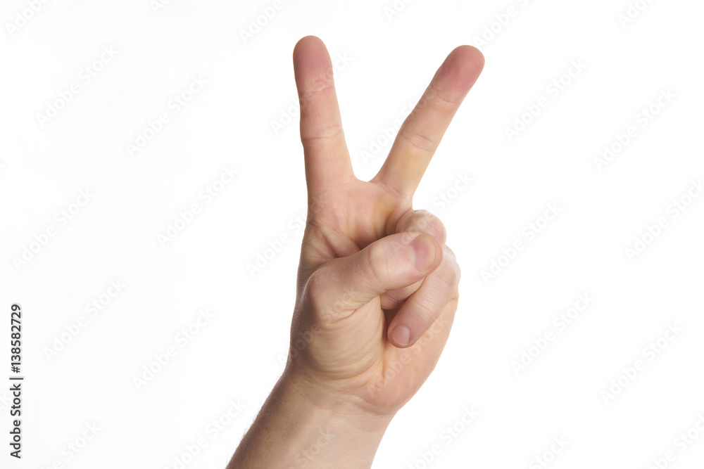 Hand gesture peace sign on isolate white background Hand gesture peace sign on isolate white background