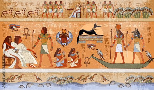 Fotografiet Ancient Egypt scene, mythology. Egyptian gods and pharaohs
