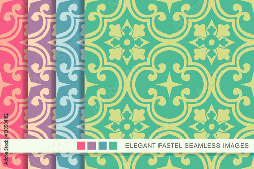 Seamless pastel background set round curve cross flower kaleidoscope