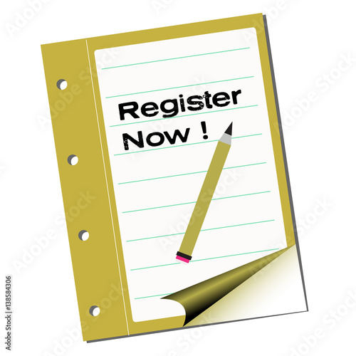 Dark yellow notebook with the text register now written on its first page
