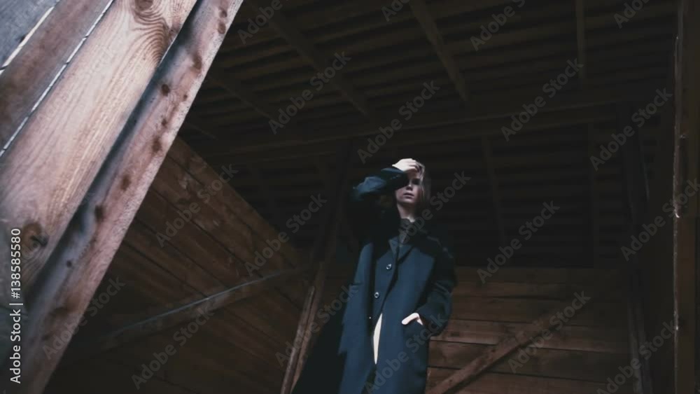 A beautiful girl walking on the village barn in a black coat A beautiful girl walking on the village barn in a black coat