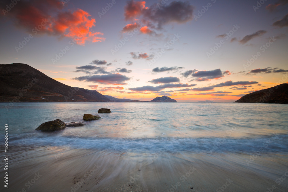 Sunset at Aegiali beach on Amorgos island. Sunset at Aegiali beach on Amorgos island.