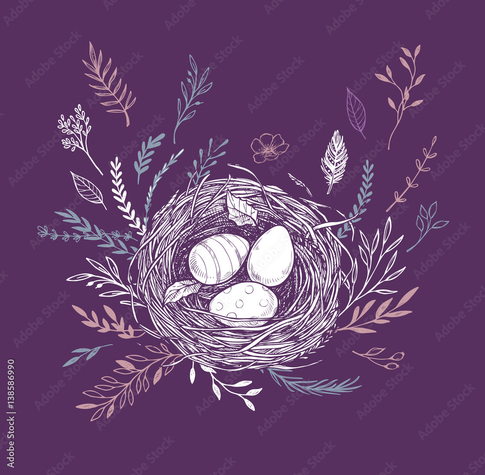 Naklejka Hand drawn vector illustration. Happy Easter! Spring nest with bird eggs. Perfect for invitations, greeting cards, blogs, posters and more