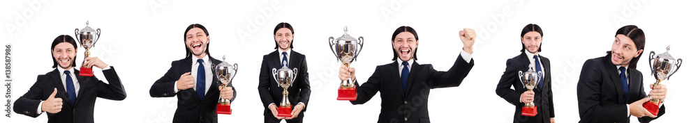 Businessman awarded with prize cup isolated on white Businessman awarded with prize cup isolated on white