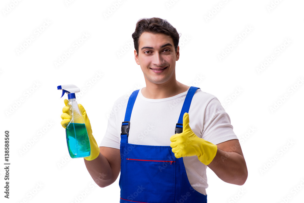 Man with cleaning agents isolated on white background Man with cleaning agents isolated on white background
