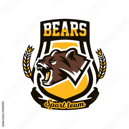 Colourful emblem, logo, snarling and ready to attack bear, grizzly, dangerous predator, the dweller forest. Vector illustration, dynamic and sporty style, printing on T-shirts