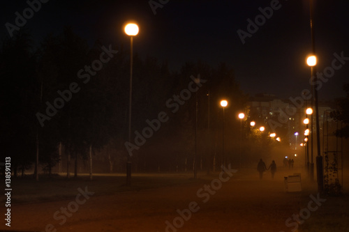 Misty alley, lighted lamps, receding into the distance couple holding hands © morelena