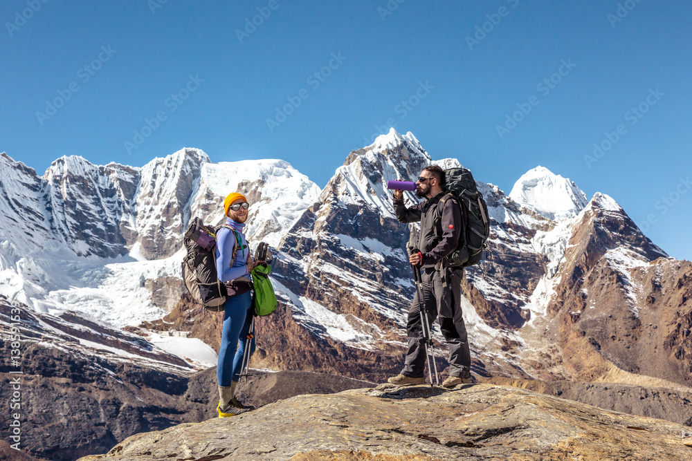 People on Hike in high Mountains stay and relax