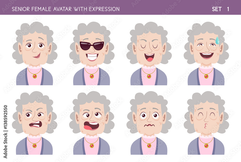 Set of grandma facial emotions. Senior female cartoon style character with different expressions. Vector illustration. Set one of six. Set of grandma facial emotions. Senior female cartoon style character with different expressions. Vector illustration. Set one of six.