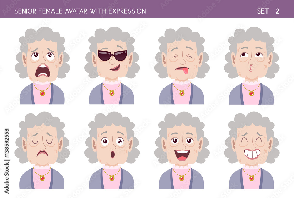 Set of grandma facial emotions. Senior female cartoon style character with different expressions. Vector illustration. Set two of six. Set of grandma facial emotions. Senior female cartoon style character with different expressions. Vector illustration. Set two of six.