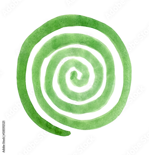 Spiral in a circle drawn by the brush painted emerald green paint. Radial rotation snail. Circular coil ornament. 