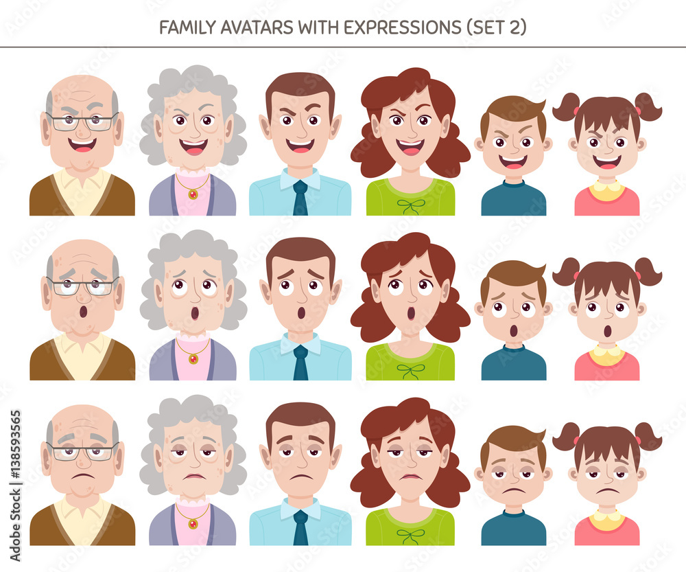 Set of family avatars with facial emotions. Cartoon style characters with different expressions. Vector illustration. Set of family avatars with facial emotions. Cartoon style characters with different expressions. Vector illustration.