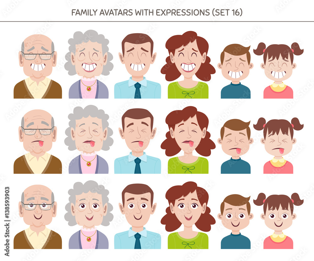 Set of family avatars with facial emotions. Cartoon style characters with different expressions. Vector illustration. Set of family avatars with facial emotions. Cartoon style characters with different expressions. Vector illustration.