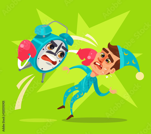 Alarm clock character hit office worker. Vector flat cartoon illustration
