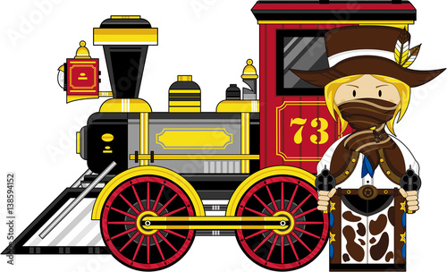 Cartoon Wild West Cowboy and Vintage Train